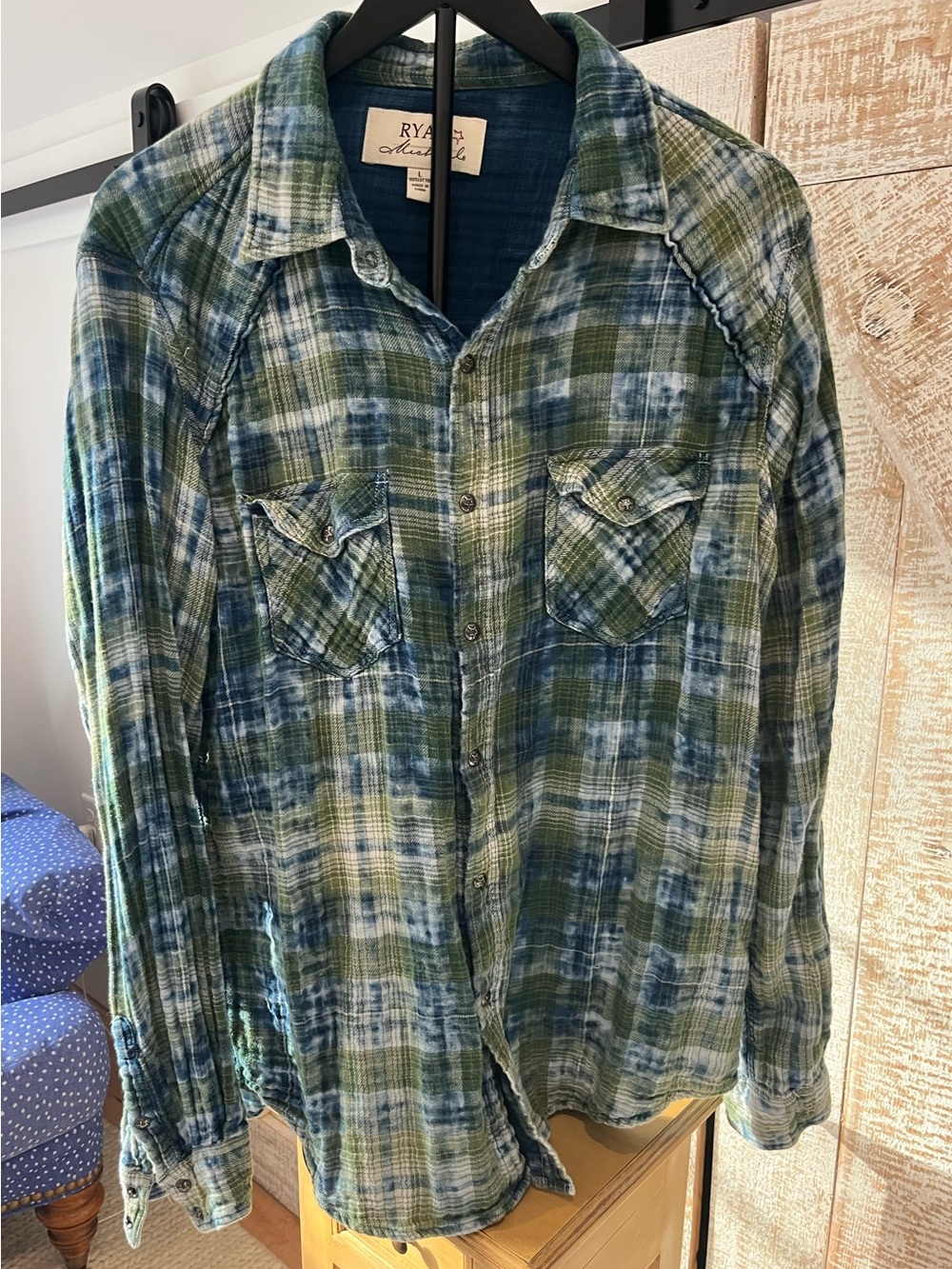 Ryan Michael Men’s Blue & Green Plaid Snap Button Shirt SZ Large